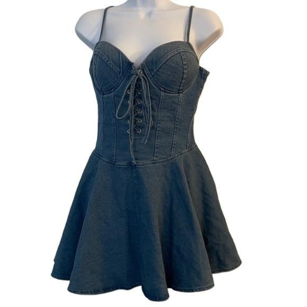 Haute Monde Womens Denim Corset Skater Dress Dark Wash Blue Lace‎ Up Mini Sm